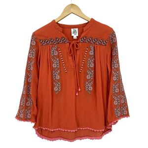 IVY JANE Shirt Small Embroidered Top V-Neck Tassels Orange